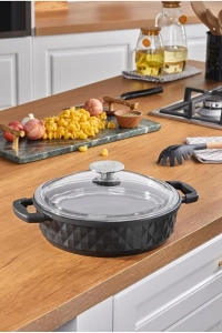 Bella Cam Kapak Döküm Basık Tencere 24 Cm Siyah